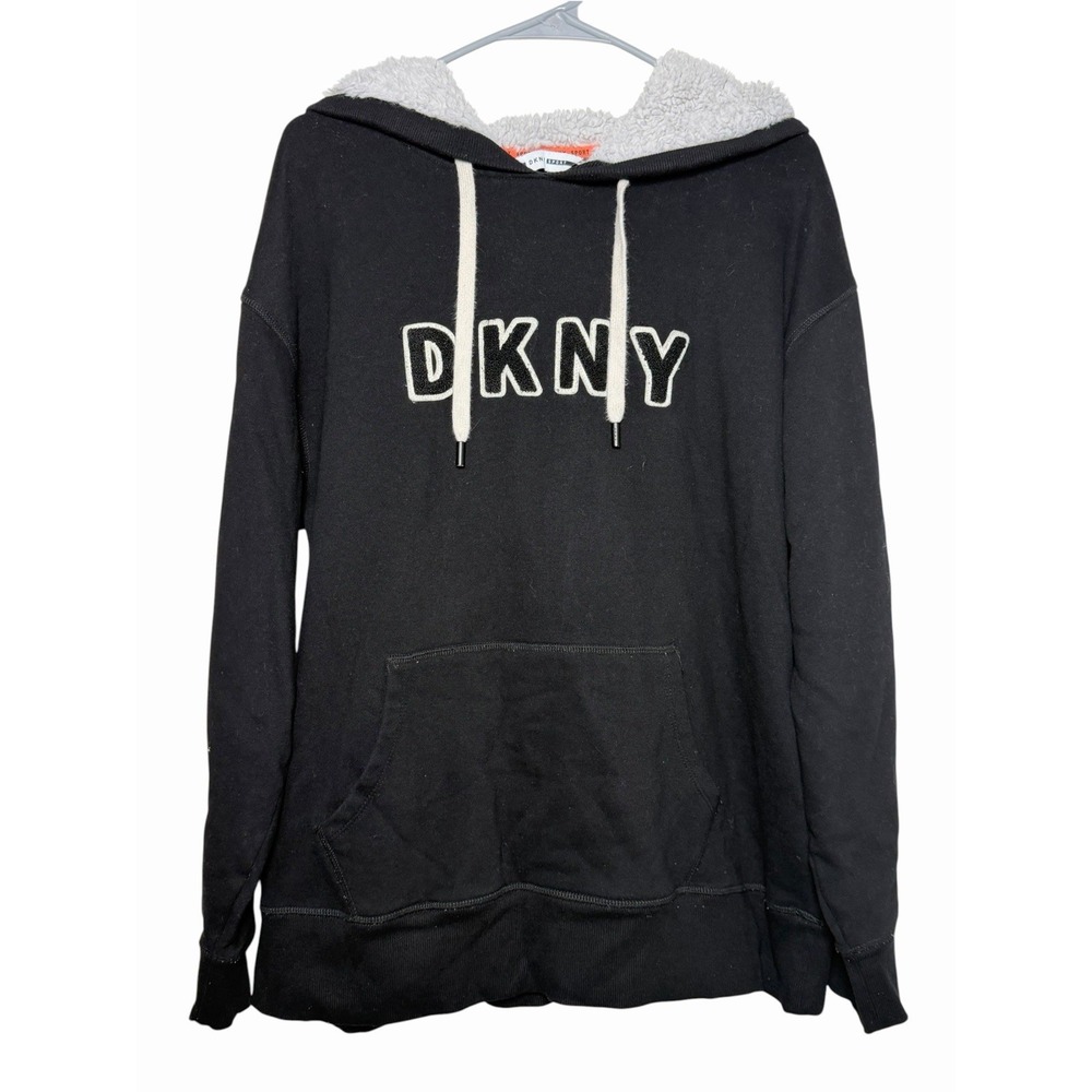DKNY Sport Women's XL Black Pullover Hoodie Sherpa Lined Logo Sweatshirt